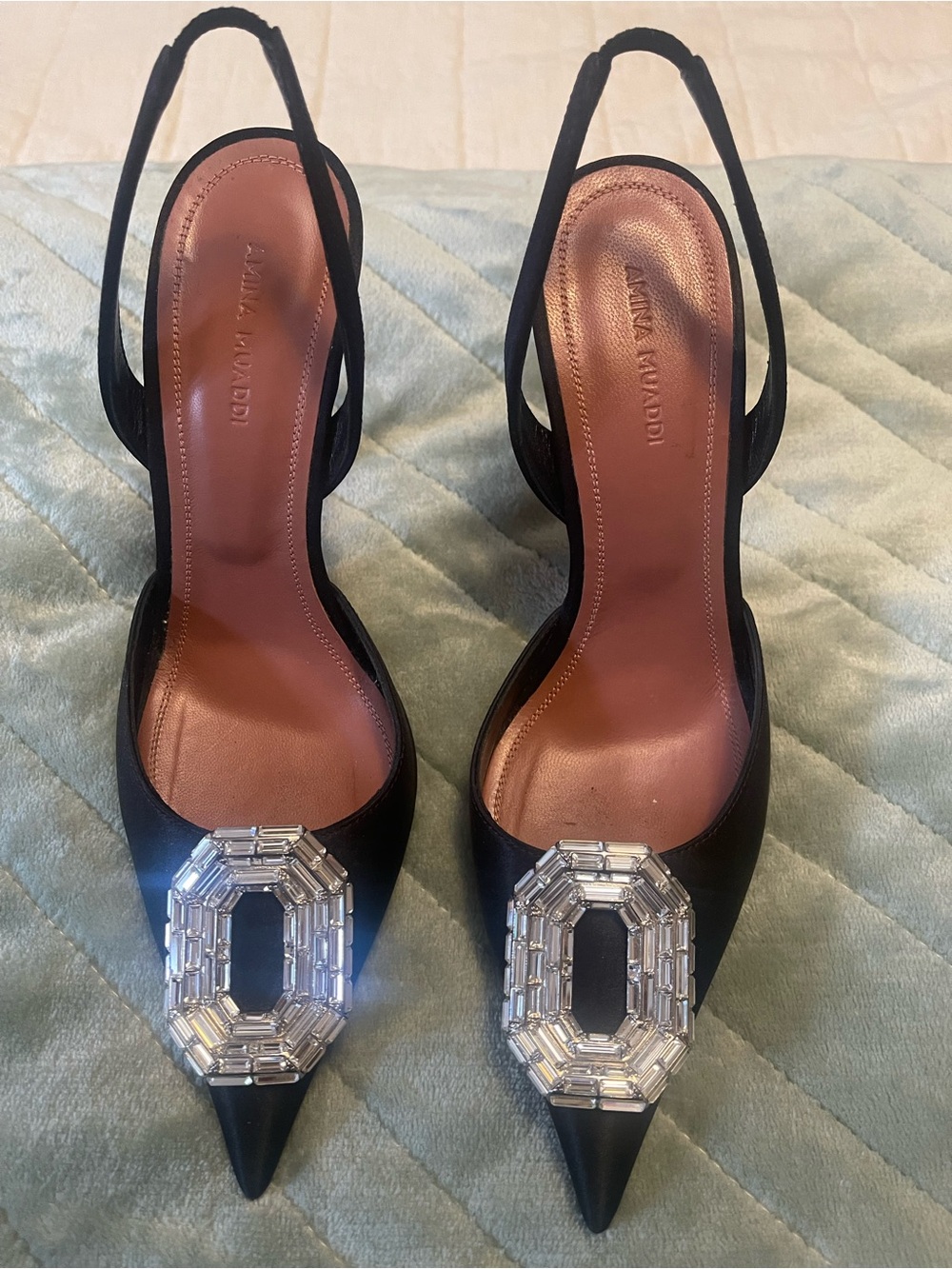 Amina Muaddi Camelia Silk Crystal Halter Pumps